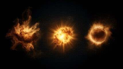 Poster - Dramatic Celestial Explosion Set Featuring Three Unique Yellow Cosmic Phenomena Captured Against a Dark Background for Creative Projects