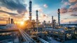 © Oulaphone - A vibrant industrial landscape at sunset, featuring towering structures, pipelines, and a dramatic sky with clouds, symbolizing energy production and manufacturing.