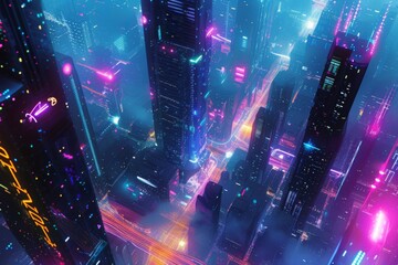 Poster - An aerial view of a cyberpunk city at night, with glowing neon pathways and tall, dark buildings