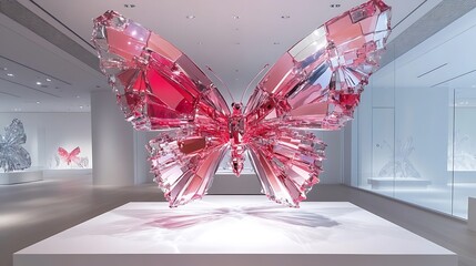 Poster - Bold and Abstract Portrayal of a Stunning Butterfly Sculpture Crafted from Glass, Showcasing Intricate Details and Vivid Colors in a Contemporary Art Space