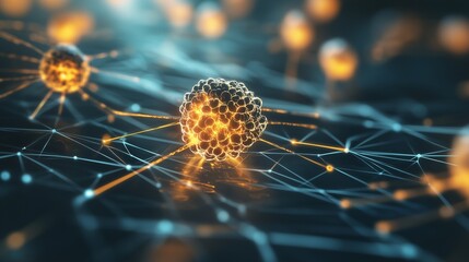 Poster - Intricate Digital Rendering of Cancer Cells Featuring Luminous Structures and Complex Networks in a Modern Artistic Style