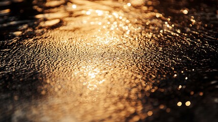 Poster - Close-Up of Textured Metallic Surface Reflecting Golden Light with Intricate Patterns and Bokeh Effects