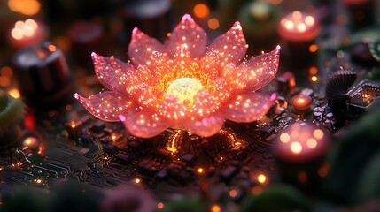 Poster - Close-Up View of a Circuit Board with an Overlaid Lotus Flower Design, Featuring Vibrant Glow and Intricate Details of Technology and Nature Fusion