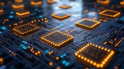 Poster - Close-Up View of Swirling Neon Circuits on a Digital Circuit Board with Bright LED Lights Illuminating Microchips and Electronic Components