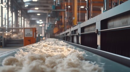 Wall Mural - A textile manufacturing scene showing a conveyor belt with fluffy fibers, surrounded by modern machinery and bright industrial lighting.