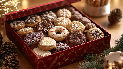 Sticker - A beautifully decorated gift box filled with assorted Christmas cookies, placed on a table with pine cones and festive garlands 