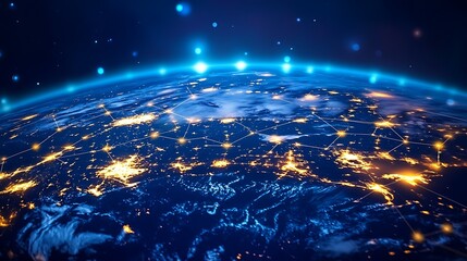 Poster - A Stunning Visualization of Interconnected Digital Spheres Representing Global Networks and Data Flow Over the Earth's Surface at Night