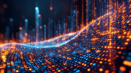 Poster - Digital Landscape Featuring Rolling Hills with Vibrant Blue and Orange Lights, Abstract Nature Themed Visual, Perfect for Technology and Innovation Concepts