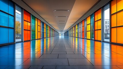 Poster - Dynamic Array of Translucent Panels Displaying Vivid Colors in Modern Architectural Interior with Reflection on Polished Floor