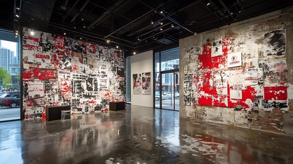 Poster - A Captivating Art Gallery Interior Featuring Dynamic Clash of Contrasting Colors and Shapes in a Modern Setting with Urban Elements