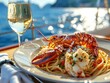© A4719 - A luxurious seafood dish featuring lobster and pasta, served with a glass of white wine against a serene water backdrop.