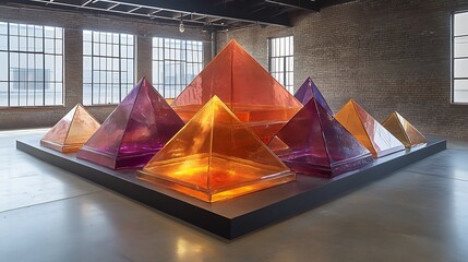 Poster - A Series of Overlapping Geometric Shapes Displayed in a Contemporary Art Space Featuring Colorful Transparent Pyramids in Various Sizes and Arranged Creatively