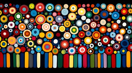 Poster - Abstract Colorful Composition with Interconnected Circles and Vertical Lines on a Bold Canvas, Evoking a Sense of Playfulness and Creativity in Visual Art