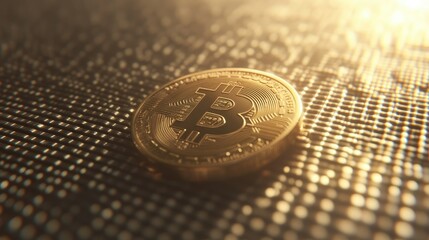Poster - Golden Bitcoin Coin with Intricate Patterns Shining on a Textured Background, Representing Cryptocurrency and Digital Finance Innovations