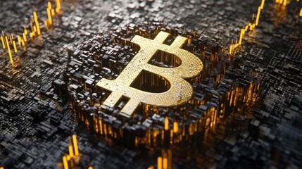 Poster - Digital Representation of Bitcoin Over a Complex Matrix Background Highlighting Cryptocurrency Trends and Market Analysis in a Futuristic Style
