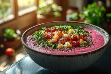 Gourmet smoothie bowl with roasted garlic and herb garnish for healthy eating inspiration