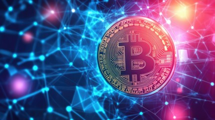 Poster - Vibrant Visualization of Bitcoin in Digital Blockchain Network with Colorful Connections and Data Points Representing Cryptocurrency Technology