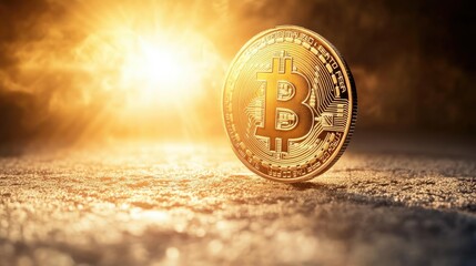 Poster - Golden Bitcoin Coin on Table with Bright Light Background Symbolizing Cryptocurrency Investment and Digital Currency Value in the Modern Financial Landscape