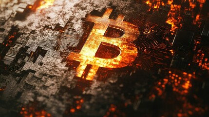 Poster - Abstract digital representation of bitcoin symbol illuminated in warm colors on a textured background, emphasizing themes of technology, finance, and innovation in cryptocurrency markets.