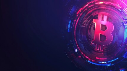 Poster - Modern Digital Currency Concept with Bitcoin Symbol Surrounded by Futuristic Abstract Geometric Shapes and Bright Neon Lights for Financial Technology Themes
