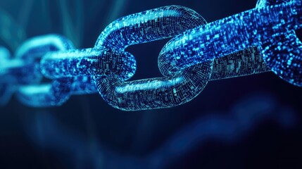 Poster - Futuristic blue chain link with digital binary code representing technology connections, data security, and blockchain innovation in a cyber environment