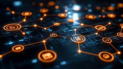 Poster - Vibrant Digital Landscape with Swirling Patterns and Connected Dots Representing Technology and Data Interactions in a Futuristic Environment