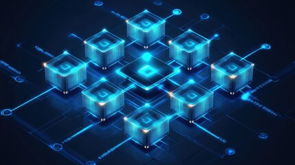 Poster - Futuristic Digital Network with Glowing Cubes and Circuit Lines Representing Data Flow and Connectivity in Cyber Space for Technological Concepts and Innovations
