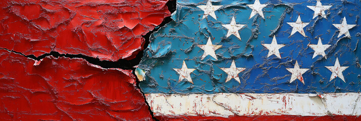 Wall Mural - A Torn U.S. Flag, Half Drenched in Red Paint, Half in Blue, Each Side Trying to Claim the Stars and Stripes 