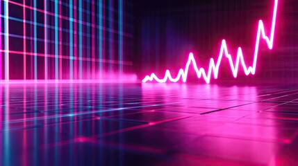 Poster - Abstract representation of data visualization showing a rising trend with neon pink lines reflecting on a glossy floor in a futuristic digital environment.