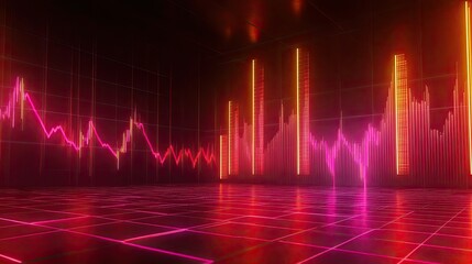 Poster - Abstract futuristic digital background showcasing vibrant neon stock market charts with ascending and descending lines in a dark, high-tech environment