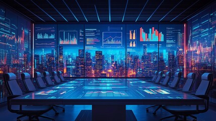 Aufkleber - An empty conference room with a large table and chairs, overlooking a futuristic city skyline at night. The table is equipped with advanced technology, displaying data and charts.