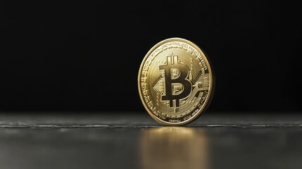 Poster - Shiny Golden Bitcoin Coin on a Dark Background Ideal for Financial Themes, Cryptocurrency Investments, Blockchain Technology, and Digital Currency Representation