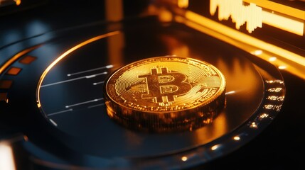 Poster - Glimmering Bitcoin Coin on a Digital Interface with Futuristic Design Elements, Symbolizing Modern Financial Technology and Cryptocurrency Trends in 3D Graphics