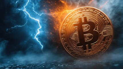 Poster - Dynamic Bitcoin Graphic with Lightning Effects Representing Cryptocurrency Revolution, Blockchain Technology, and Digital Finance in a Stunning Visual Display