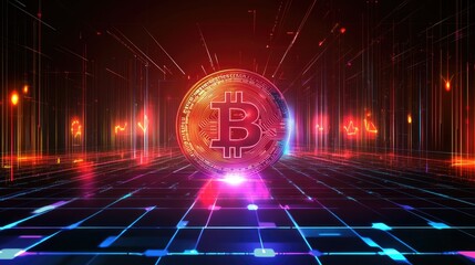 Poster - Digital representation of Bitcoin with glowing effects and futuristic background, symbolizing innovation in cryptocurrency and digital finance technology