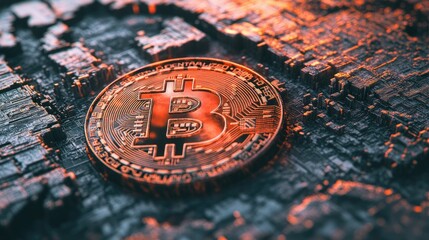 Poster - Digital Bitcoin Cryptocurrency Coin on a Textured Background with Glowing Highlights, Representing Technological Finances and Blockchain Innovations