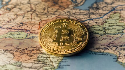Poster - Golden Bitcoin Coin Positioned on a World Map Symbolizing Global Cryptocurrency Adoption and Financial Innovation in the Digital Economy Landscape