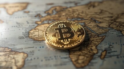 Poster - Golden Bitcoin Coin on Vintage World Map Symbolizing Global Cryptocurrency Influence and Financial Innovation Across Diverse Economies and Markets
