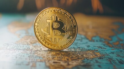 Poster - Close-Up of a Golden Bitcoin Coin Balanced on a Vintage World Map, Representing Global Cryptocurrency Investment and Financial Technology Trends