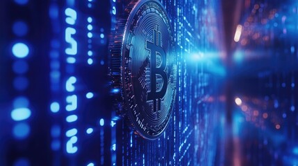 Poster - Digital Representation of Bitcoin Surrounded by Abstract Blue Data Streams, Symbolizing Cryptocurrency Growth and Technological Innovation in Virtual Space