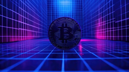 Poster - Abstract Cryptocurrency Concept with Bitcoin Coin on a Neon Gridded Background Illuminated by Blue and Purple Lights for Financial Technology Themes