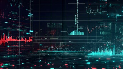 Poster - Futuristic Abstract Digital Interface with Stock Market Graphs and Data Analysis Visualizations for Business and Finance Concepts