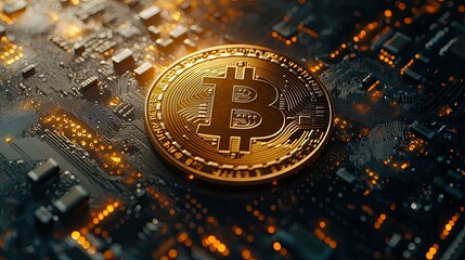 Poster - Golden Bitcoin on Circuit Board with Digital Background Highlighting Blockchain Technology and Modern Cryptocurrency Revolution in Financial Markets