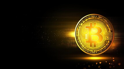 Poster - Golden Bitcoin Symbol Shining Brightly Against a Dark Background with Digital Elements Representing Cryptocurrency and Blockchain Technology
