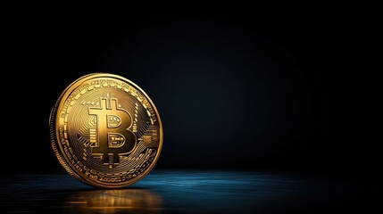 Poster - Golden Bitcoin Symbol Reflecting Light on Dark Background Showcasing Cryptocurrency Value and Digital Innovation in Modern Financial Markets