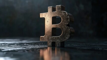 Poster - Detailed Close-Up of a Metallic Bitcoin Symbol on a Dark Textured Surface with Soft Lighting, Evoking Themes of Cryptocurrency Investment and Digital Finance