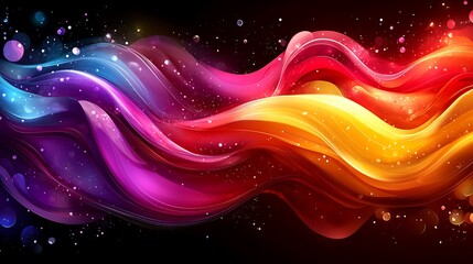Poster - Vibrant Abstract Artwork Showcasing Waves of Energy in Rich Colors of Pink, Orange, Red, Blue, and Purple Against a Dark Background with Sparkling Elements