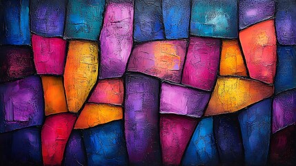 Wall Mural - Abstract Composition of Fragmented Triangles in Vibrant Colors Featuring Shades of Blue, Red, Orange, and Purple on a Textured Canvas Surface