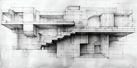 Poster - Black and white pencil drawing of a modern architectural structure with a staircase.