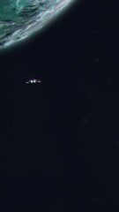 Wall Mural - Vertical Shot of a Small Sci-Fi Fighter Spaceship Rapidly Approaching a Lush Green Alien Exoplanet